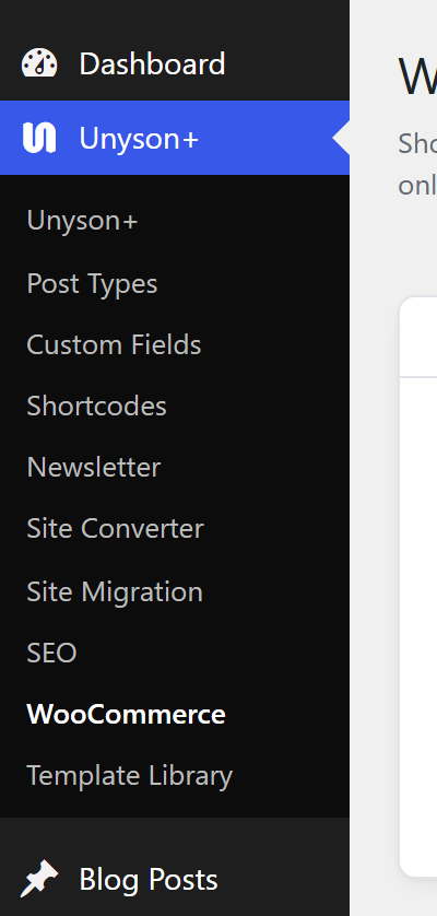 The WooCommerce entry in the Unyson+ menu