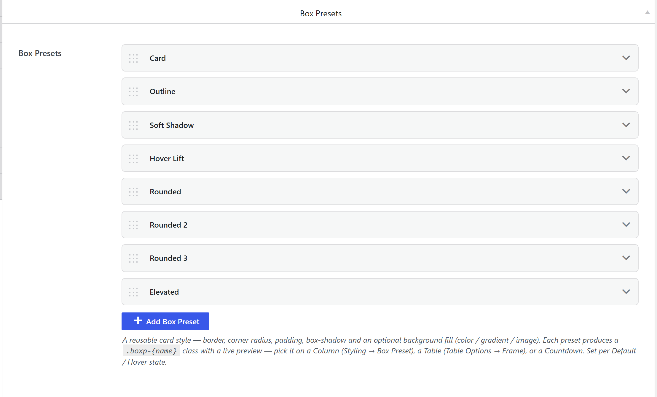 Theme Settings → Components → Box Presets