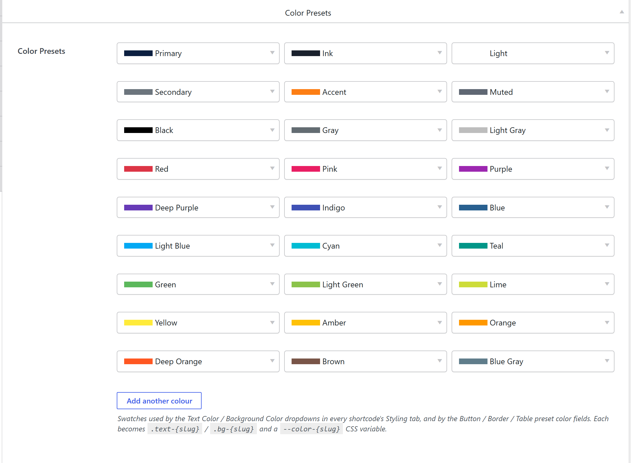 Theme Settings → Components → Color Presets