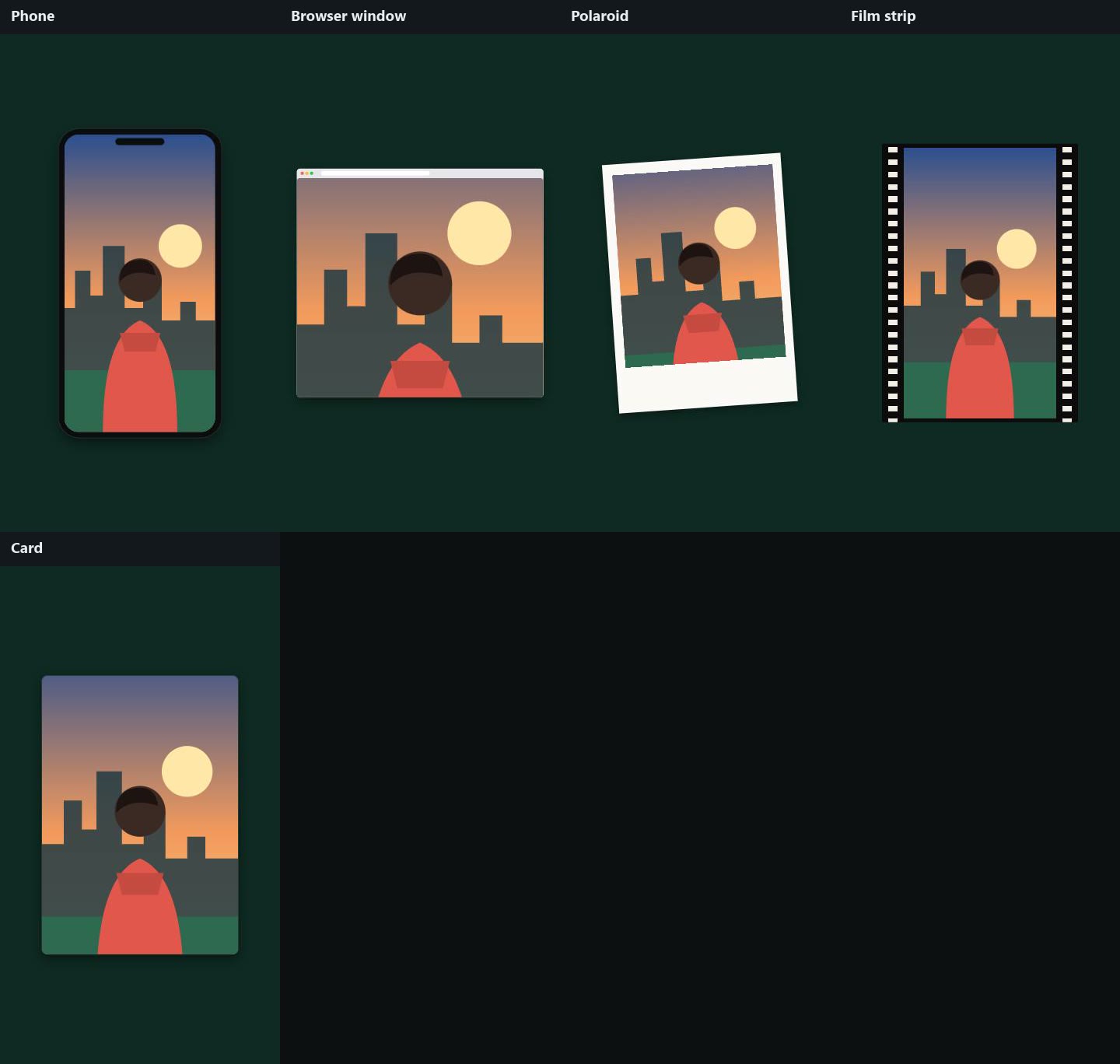 Frames: phone, browser window, polaroid, film strip, card