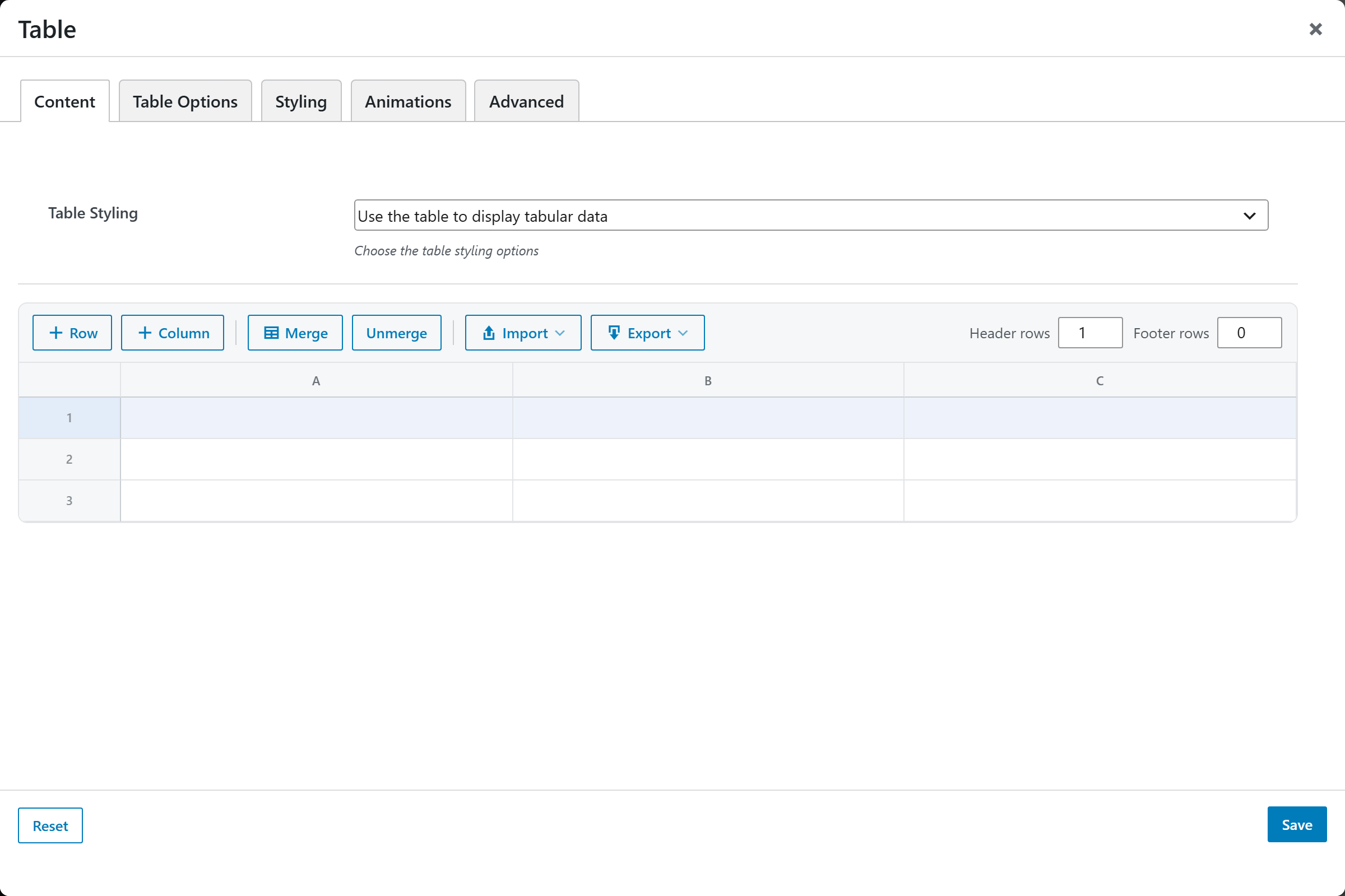 Table options panel — Content tab