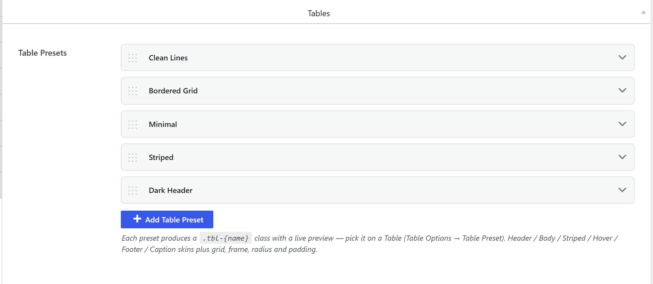 Theme Settings → Components → Table Presets