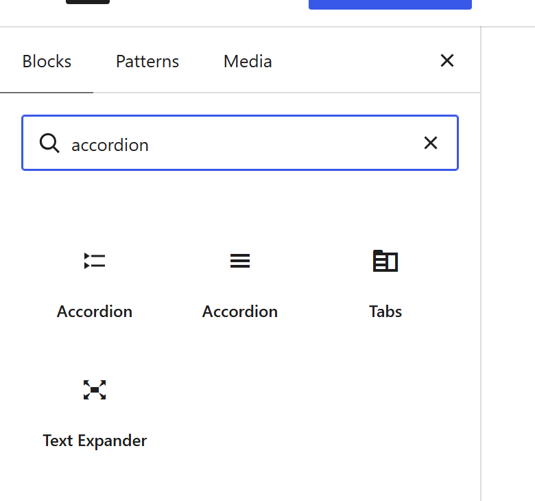 Searching “accordion” in the block inserter shows the Unyson+ Accordion block