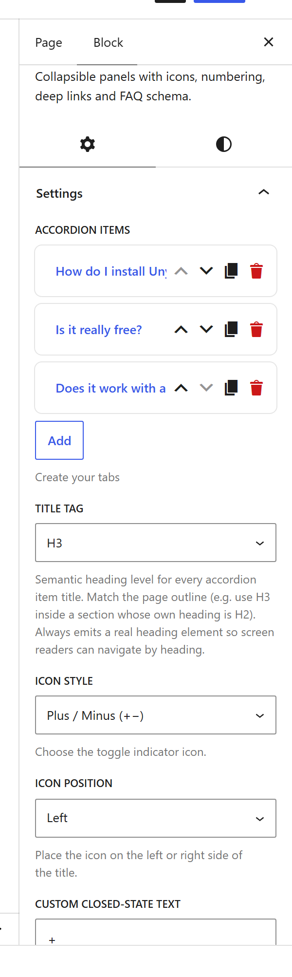 The Accordion block settings sidebar — Accordion Items, Title Tag, Icon Style and more
