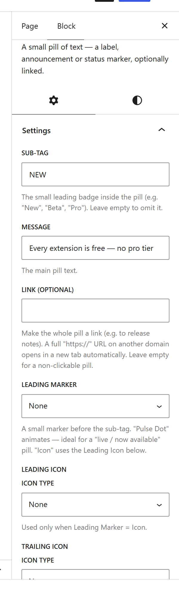 The Badge block settings sidebar
