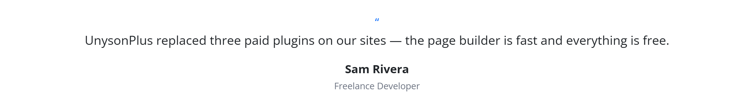 The Blockquote block — a centred pull quote with a quote mark, author and role