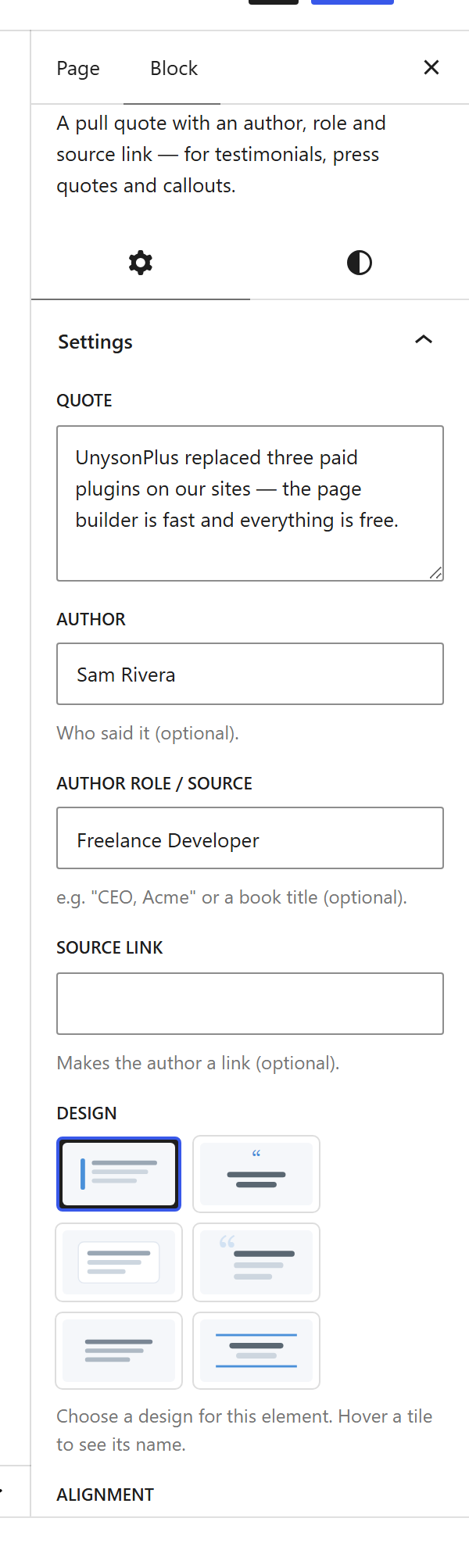 The Blockquote block settings sidebar
