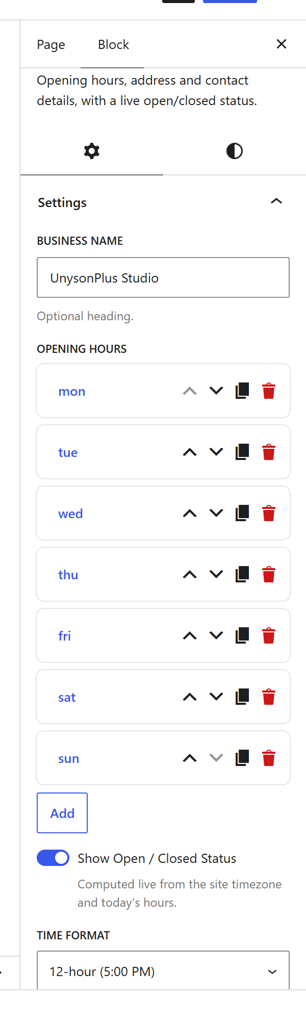 The Business Info block settings sidebar