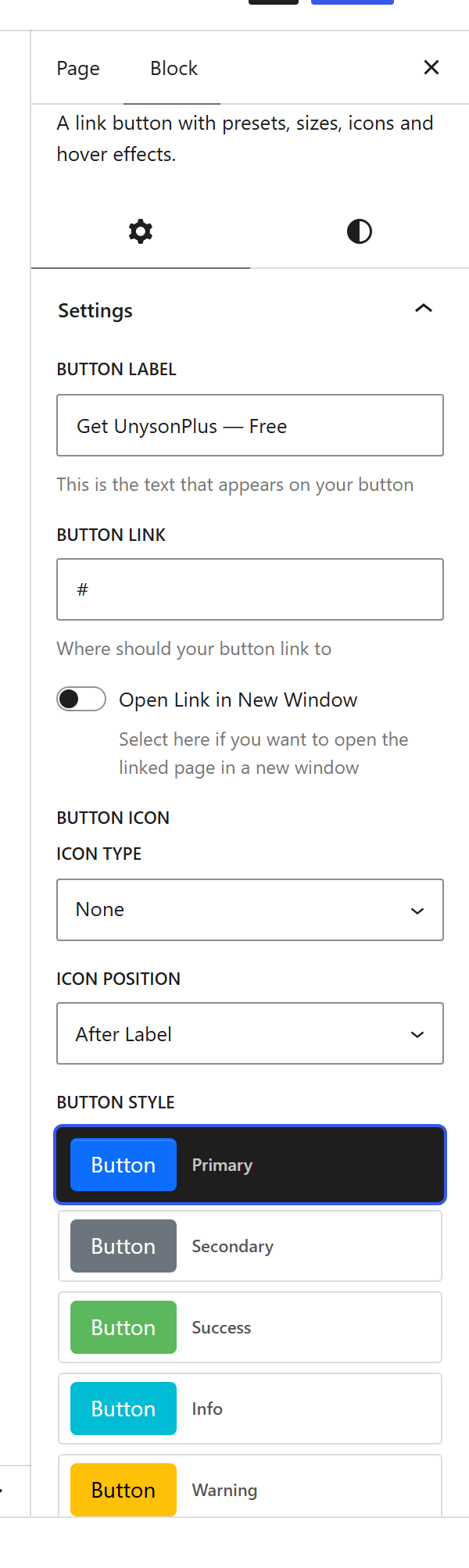 The Button block settings sidebar