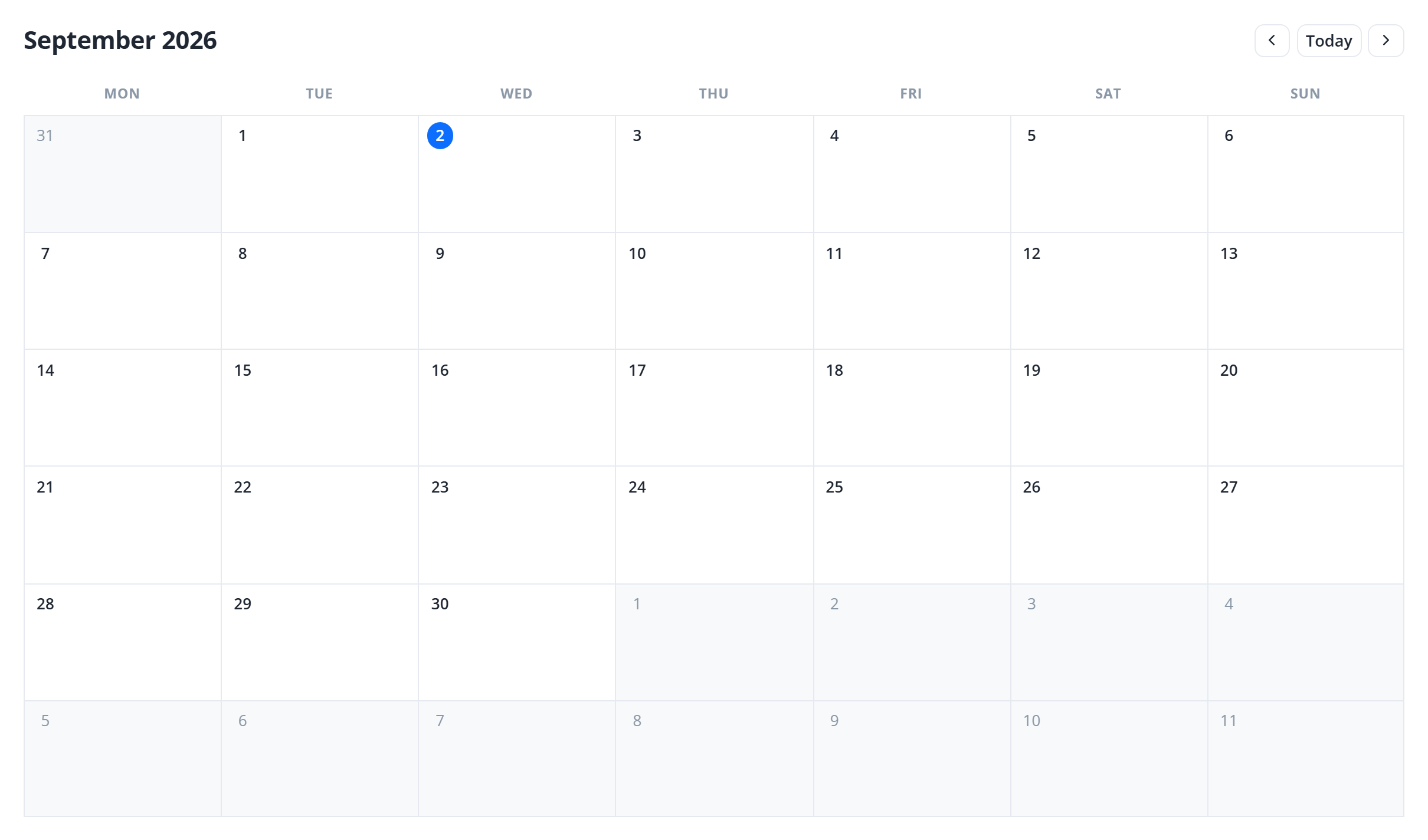 The Calendar block — a month grid with navigation