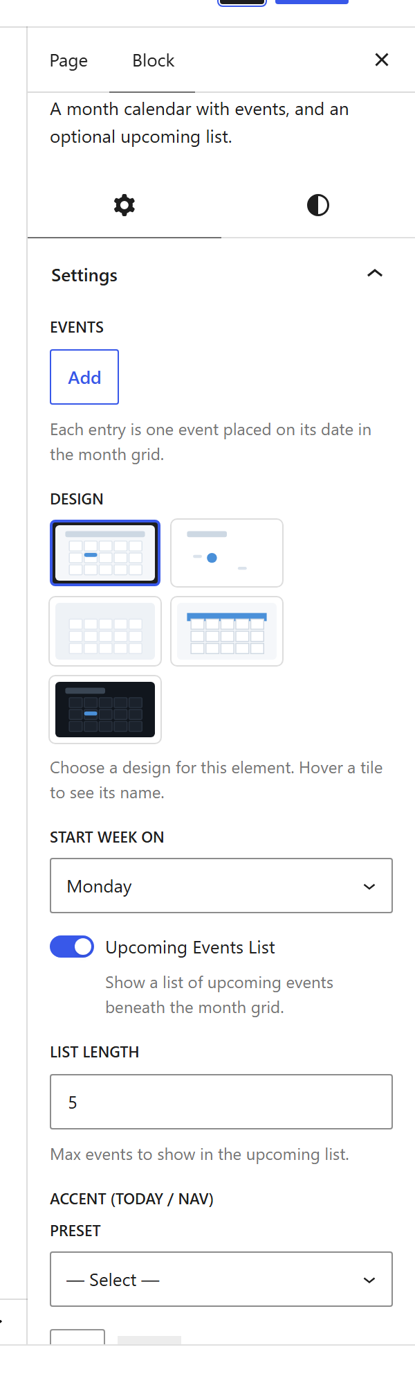 The Calendar block settings sidebar