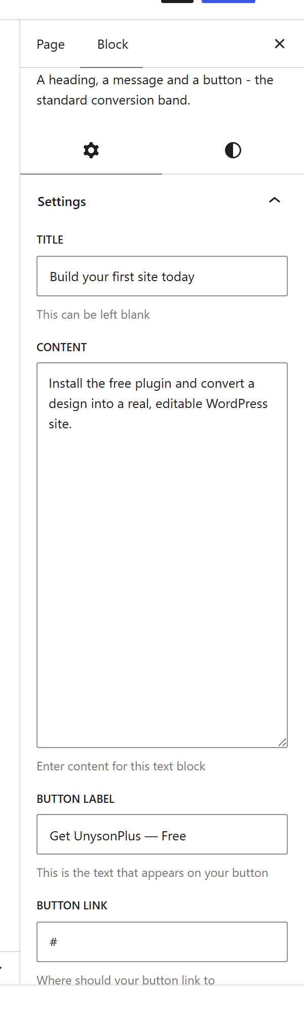 The Call to Action block settings sidebar