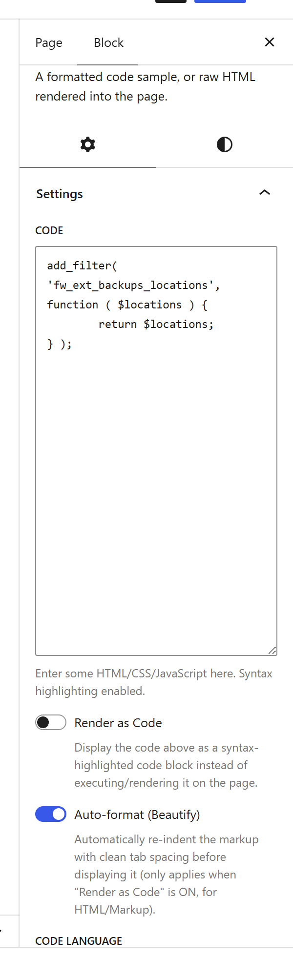 The Code Block block settings sidebar