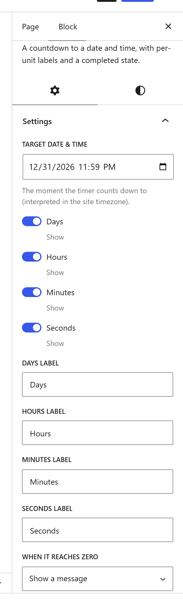 The Countdown block settings sidebar