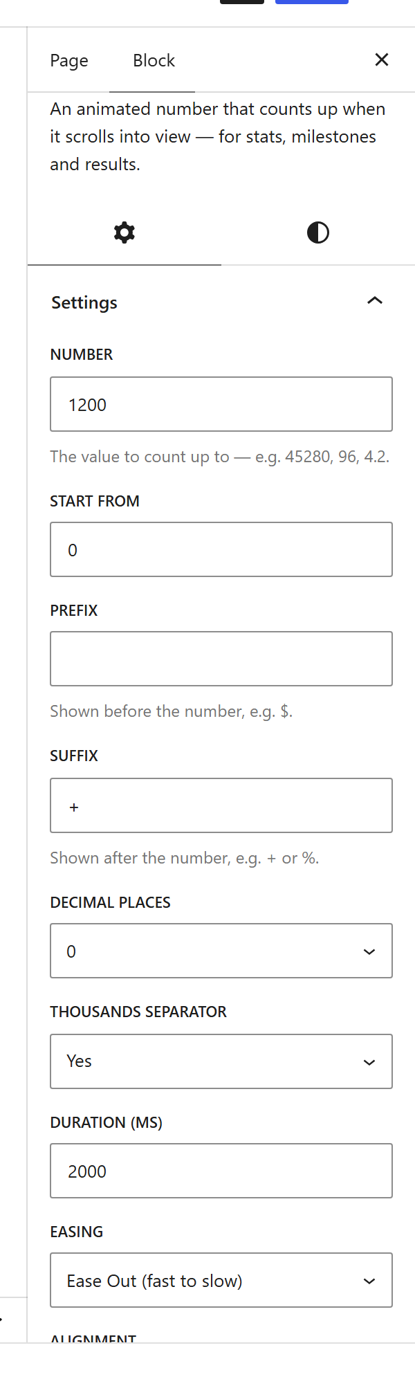 The Counter block settings sidebar