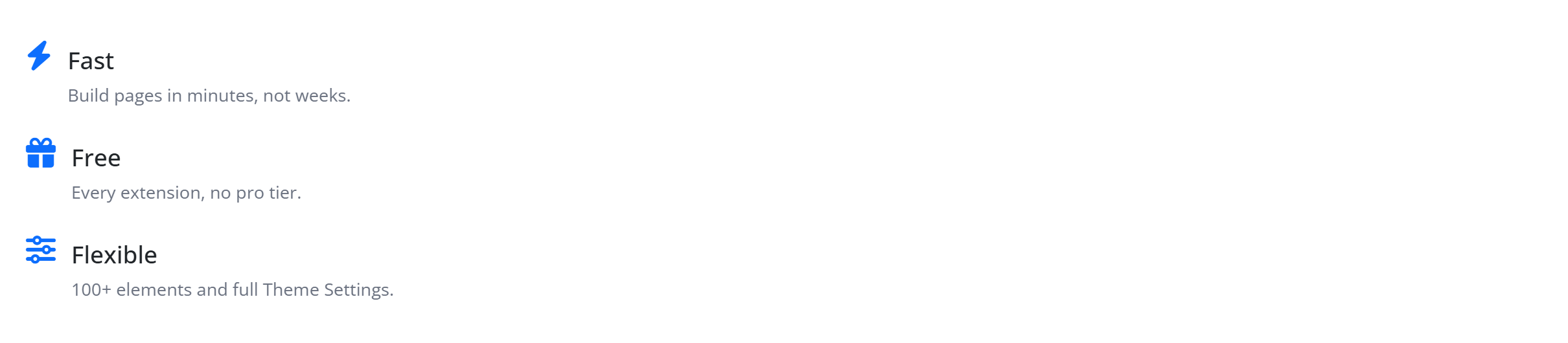 The Feature List block — three icon + title + subtext rows