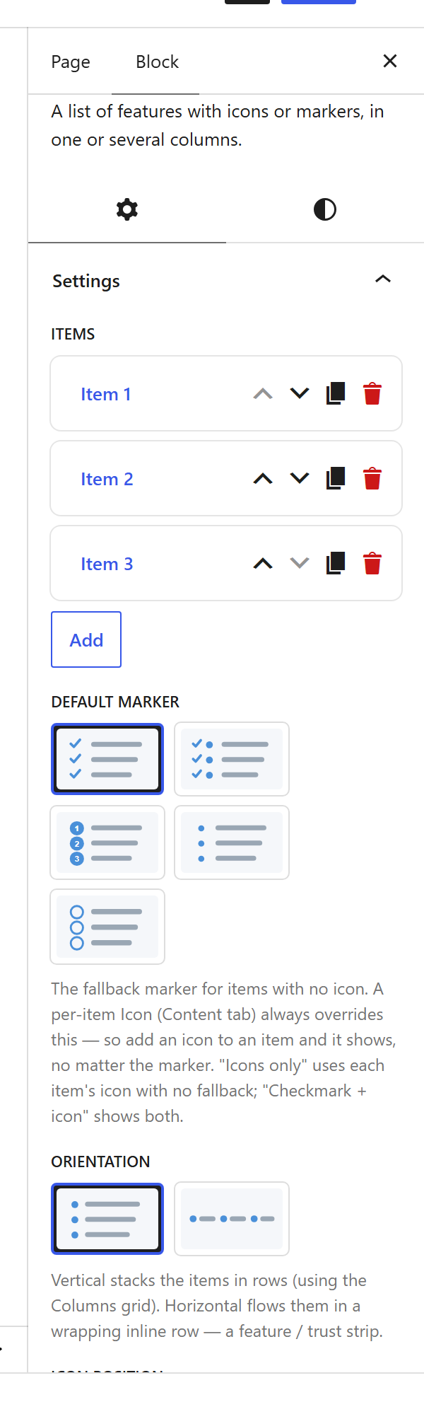 The Feature List block settings sidebar
