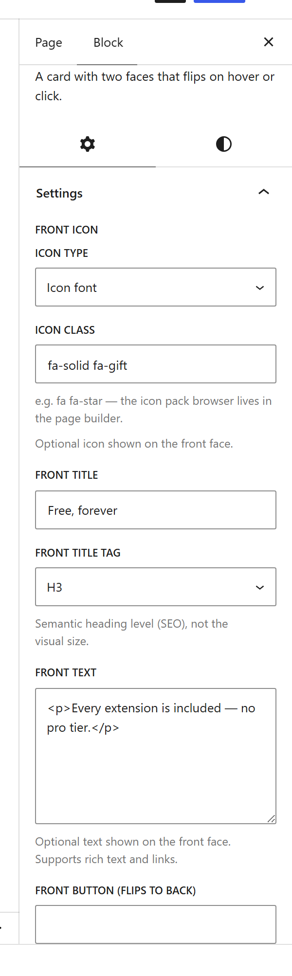 The Flip Box block settings sidebar