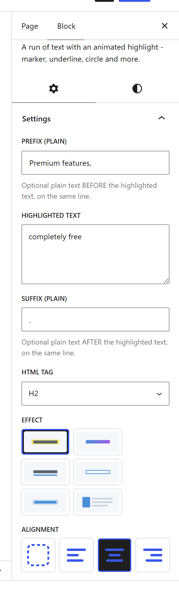 The Highlight Text block settings sidebar