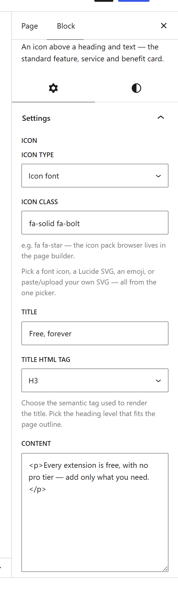 The Icon Box block settings sidebar