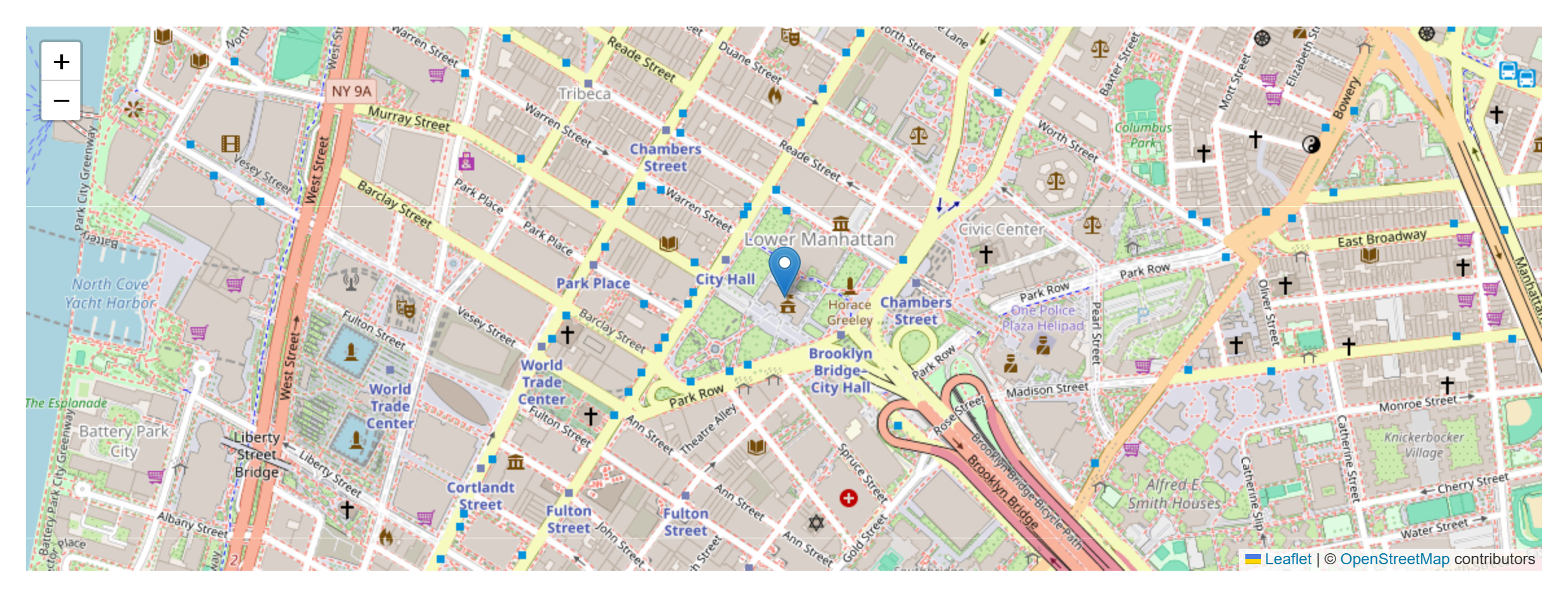The Map block — an OpenStreetMap of Lower Manhattan with a location marker