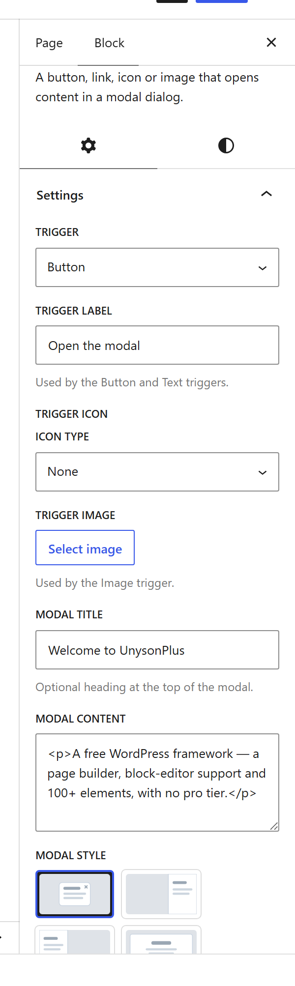 The Modal Popup block settings sidebar