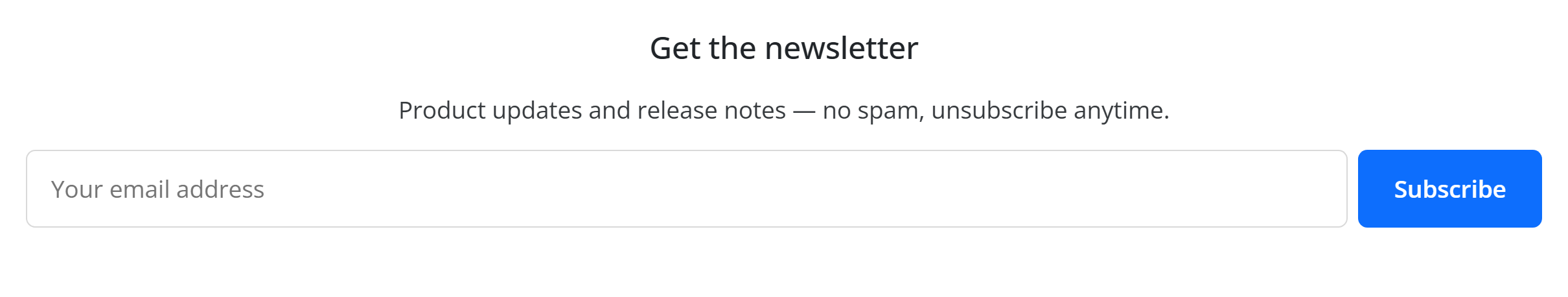 The Newsletter block — a heading, description and an email field with a Subscribe button