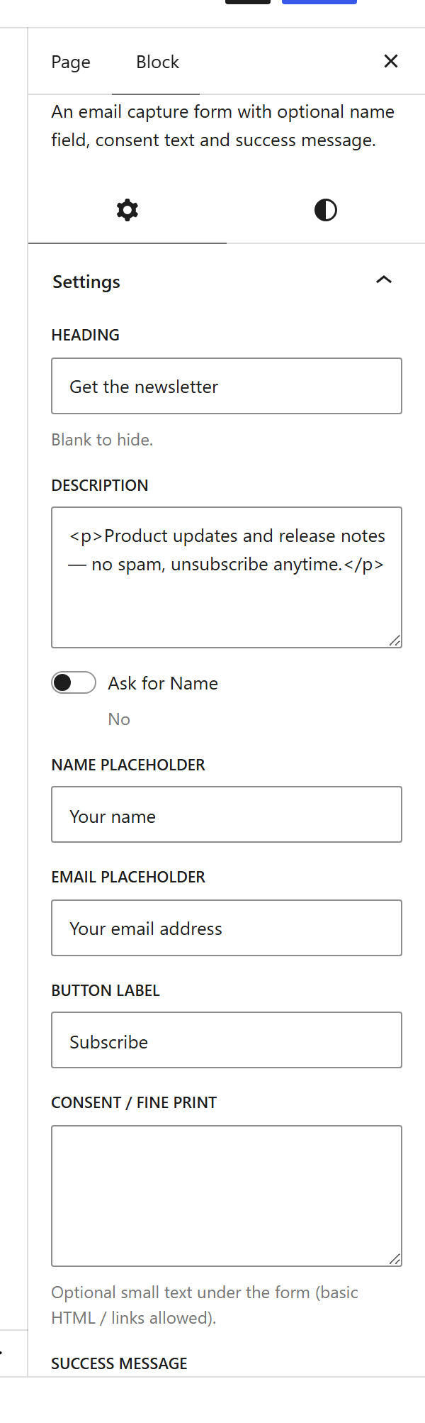 The Newsletter block settings sidebar