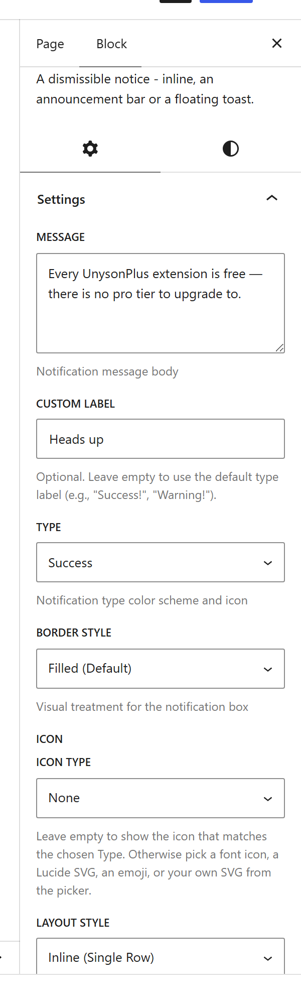 The Notification block settings sidebar