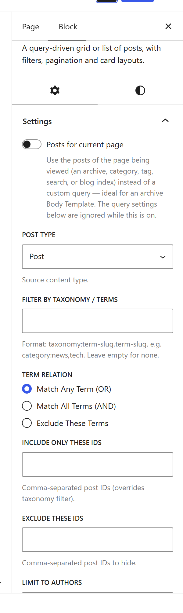 The Posts block settings sidebar