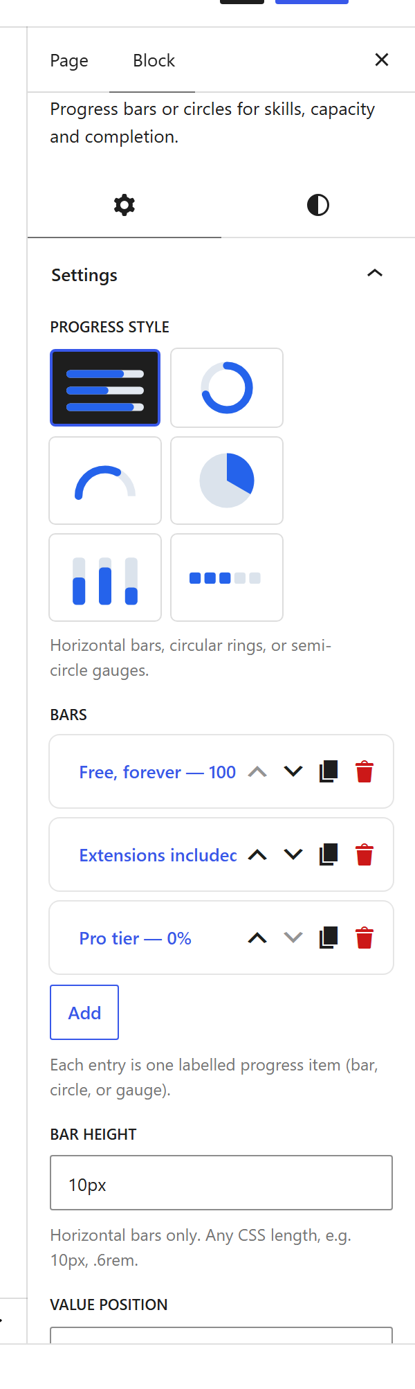 The Progress block settings sidebar