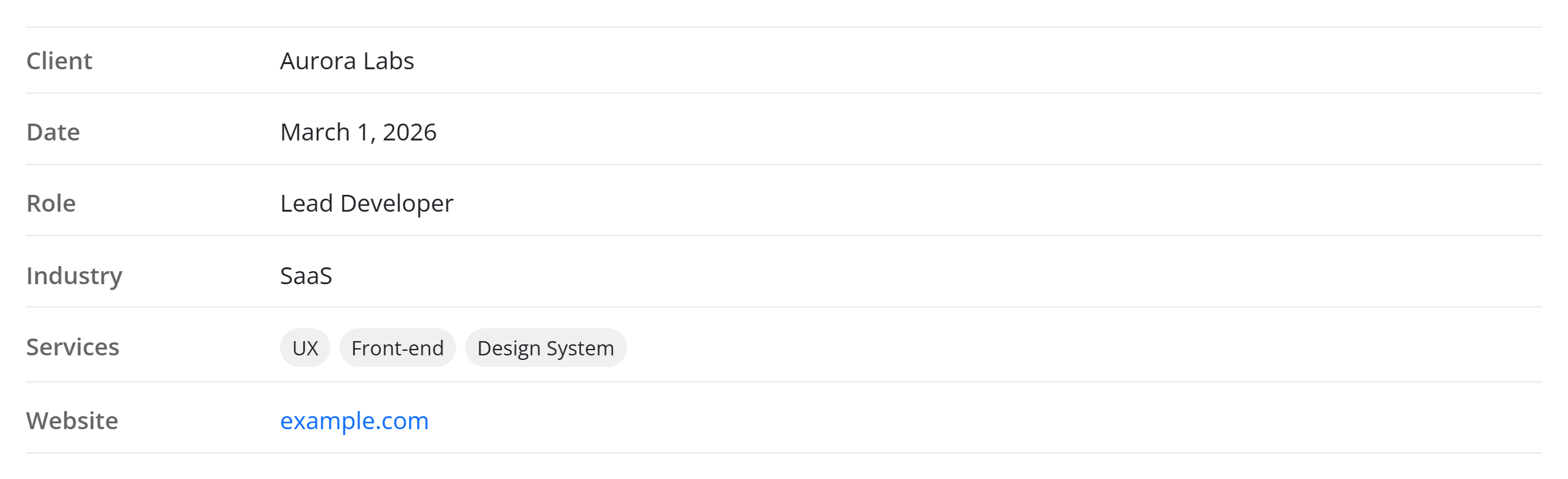 The Project Details block — a labelled list of project meta