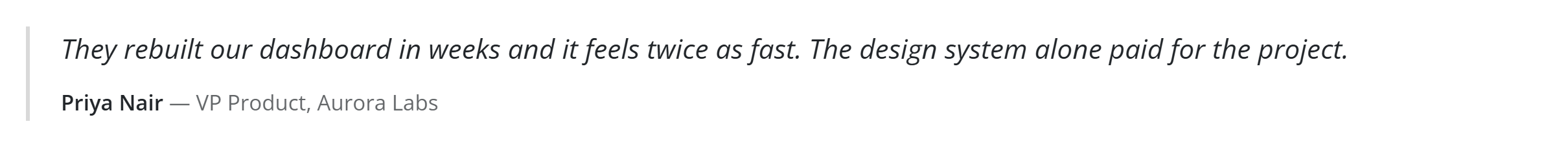 The Project Testimonial block — a client quote with attribution