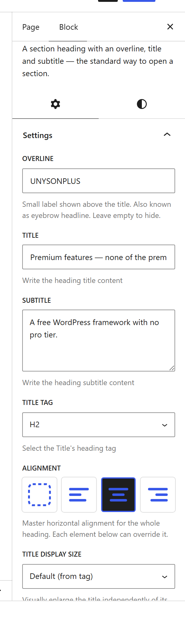 The Special Heading block settings sidebar