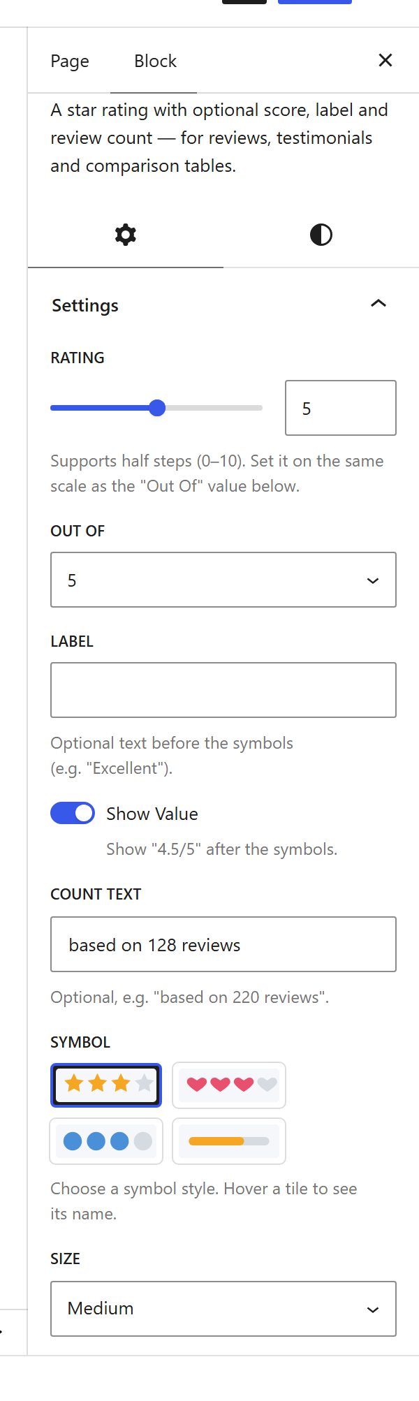 The Star Rating block settings sidebar