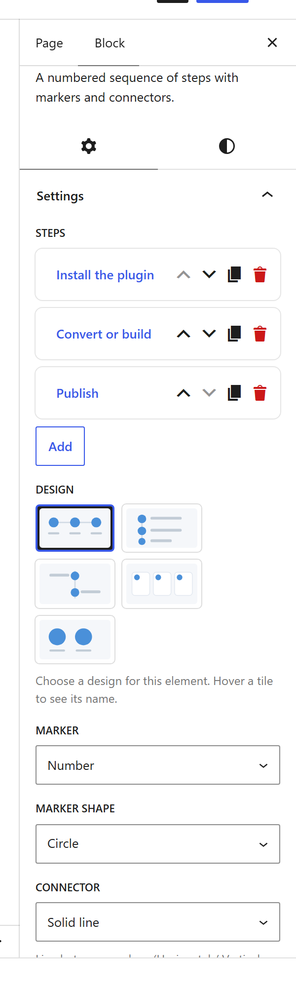 The Steps block settings sidebar