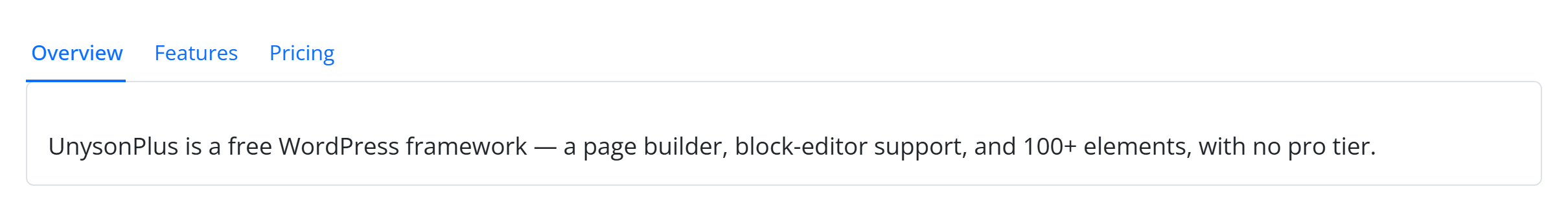 The Tabs block — three horizontal underline tabs with the first active