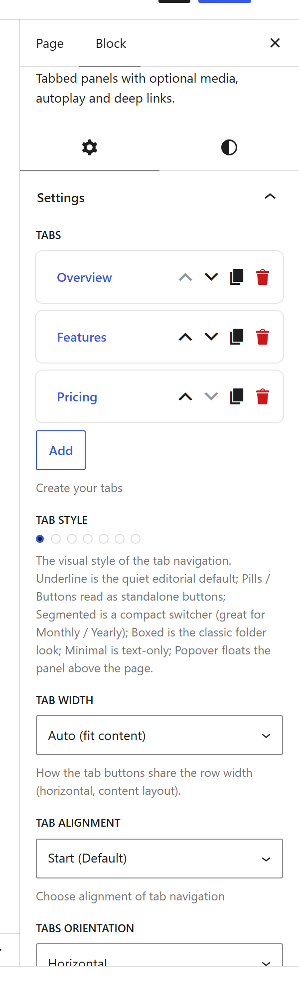 The Tabs block settings sidebar
