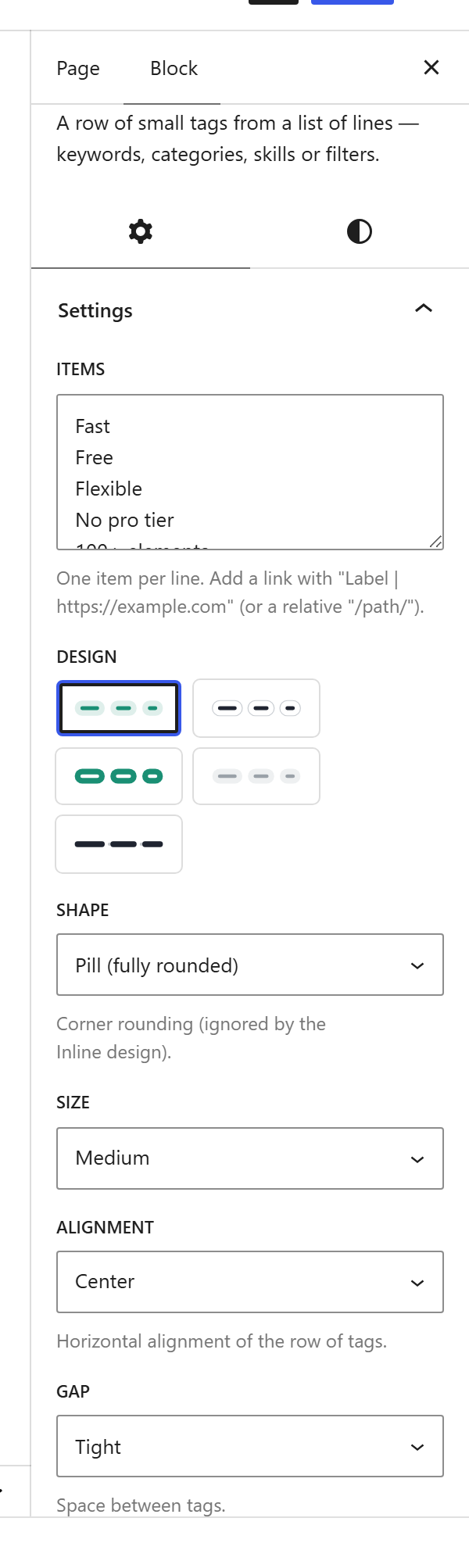 The Tag List block settings sidebar