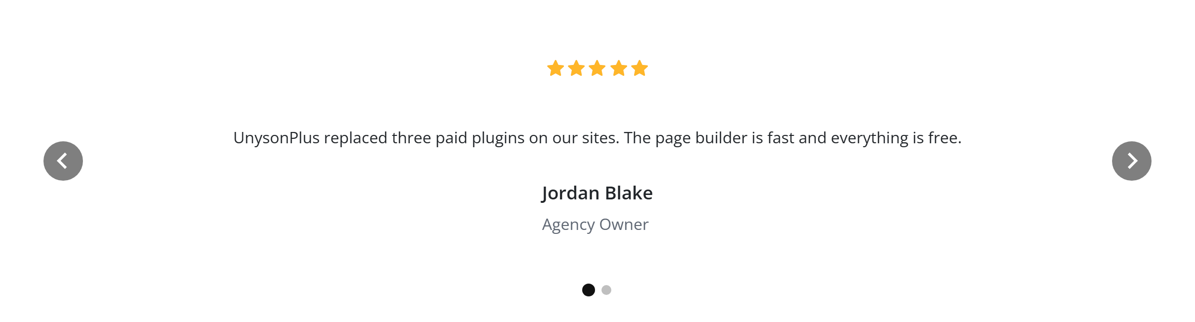 The Testimonials block — a five-star quote with author name and role in a carousel