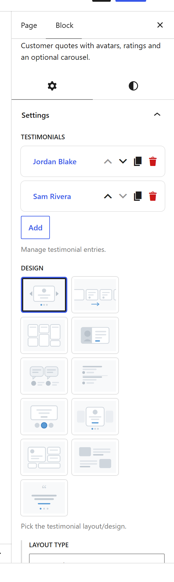 The Testimonials block settings sidebar