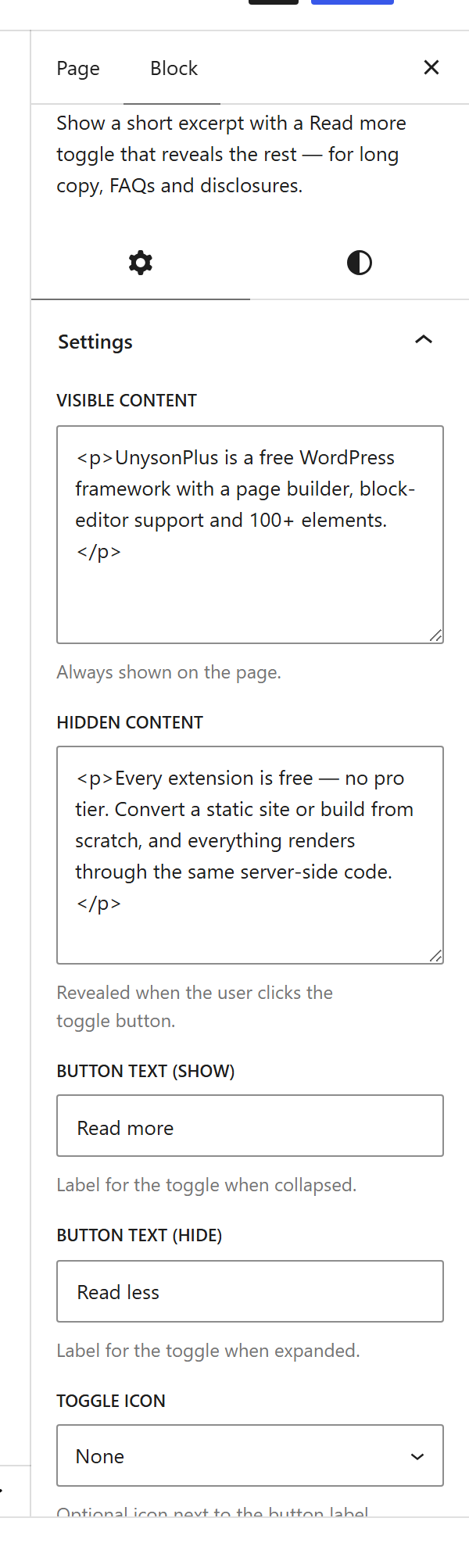 The Text Expander block settings sidebar