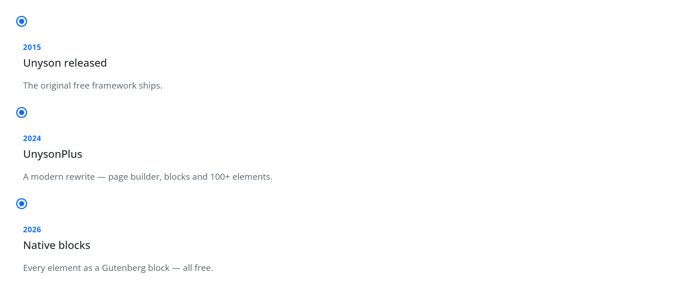 The Timeline block — three dated entries in alternating cards