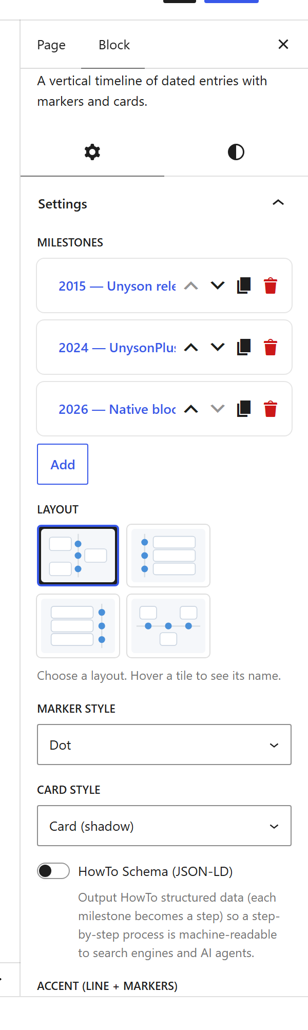 The Timeline block settings sidebar