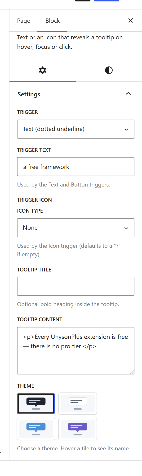The Tooltip block settings sidebar