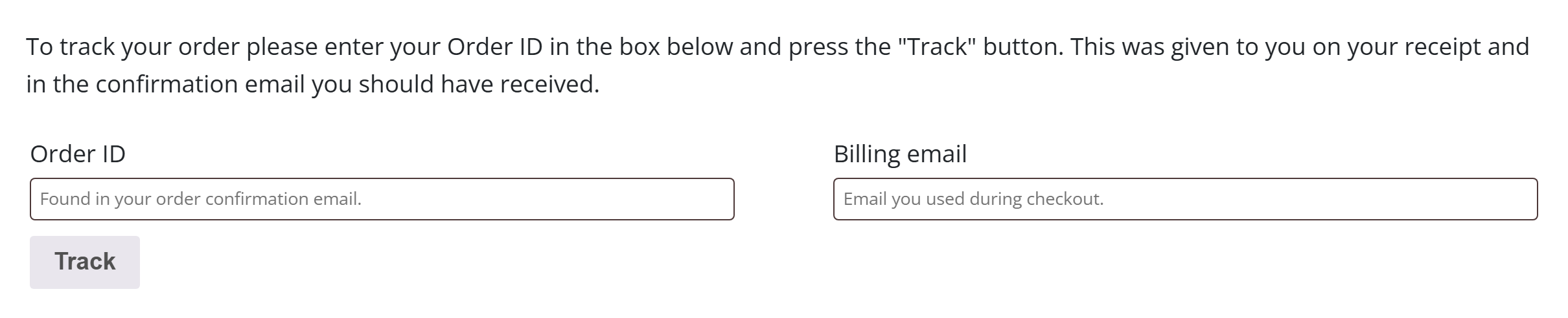 The Order Tracking block — an order-number and email lookup form