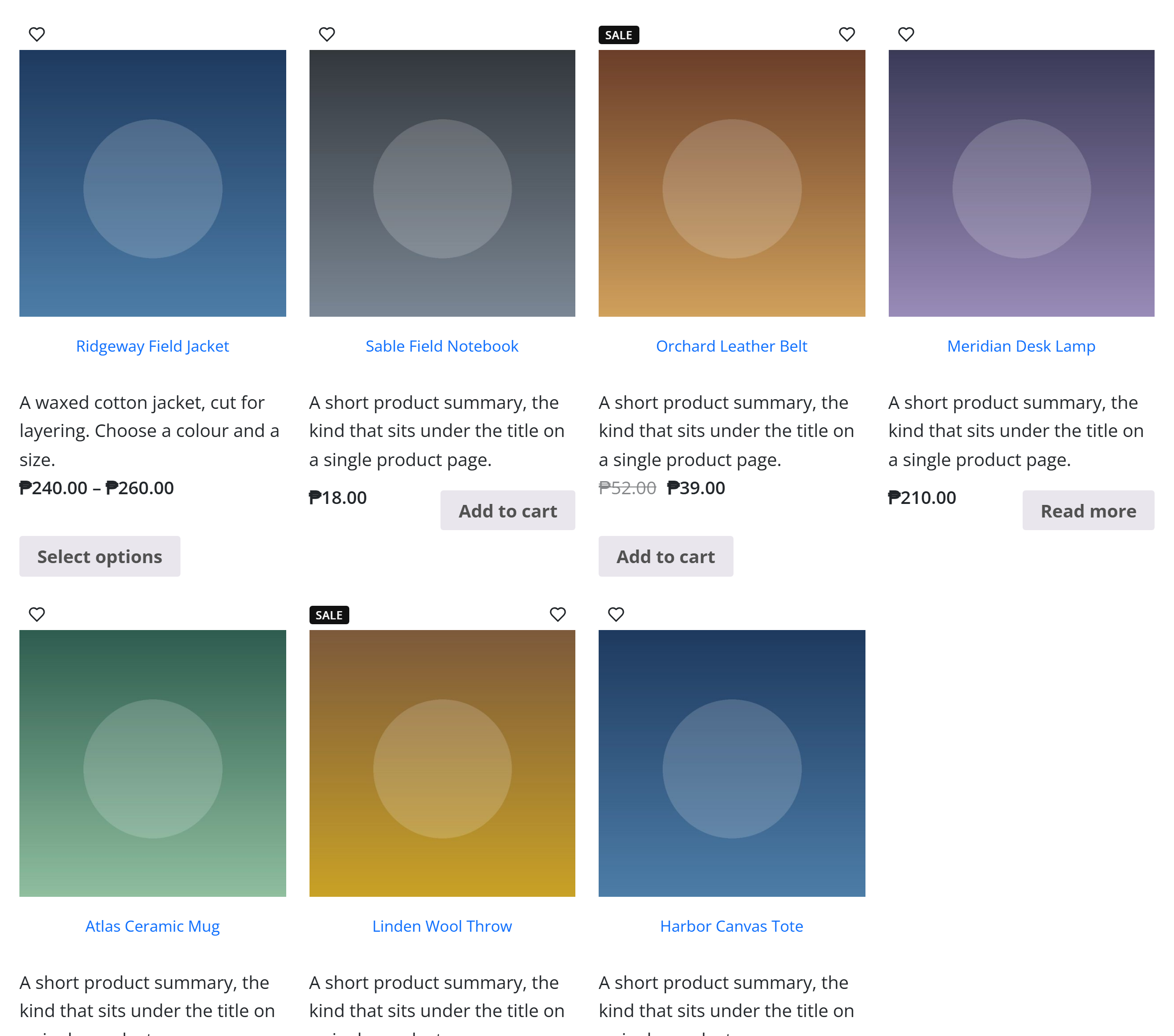 The Products block — a four-column grid of WooCommerce products