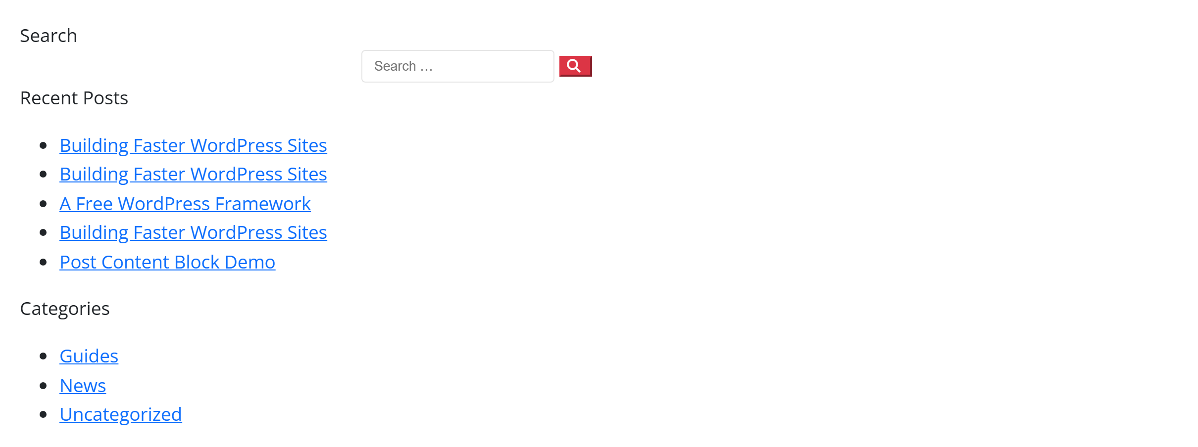 The Widget Area block — a sidebar panel with search, recent posts and categories widgets