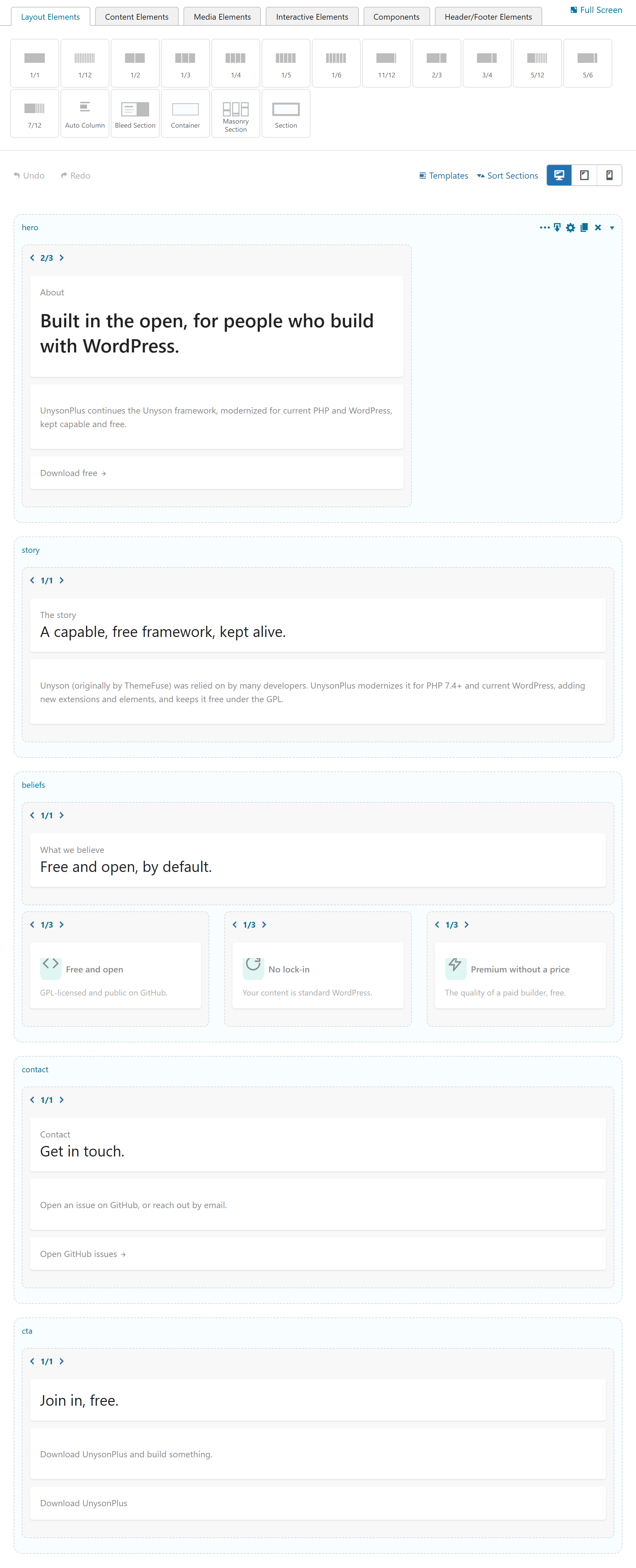 The Page Builder canvas — Layout Elements width thumbnails and a three-column row