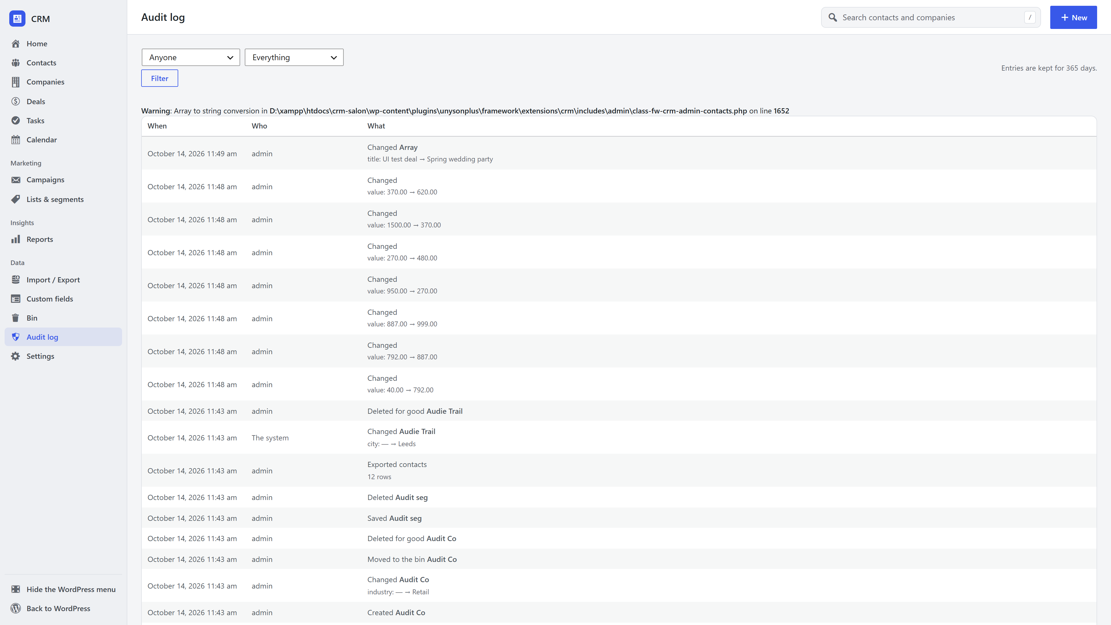 The CRM audit log listing who changed what and when